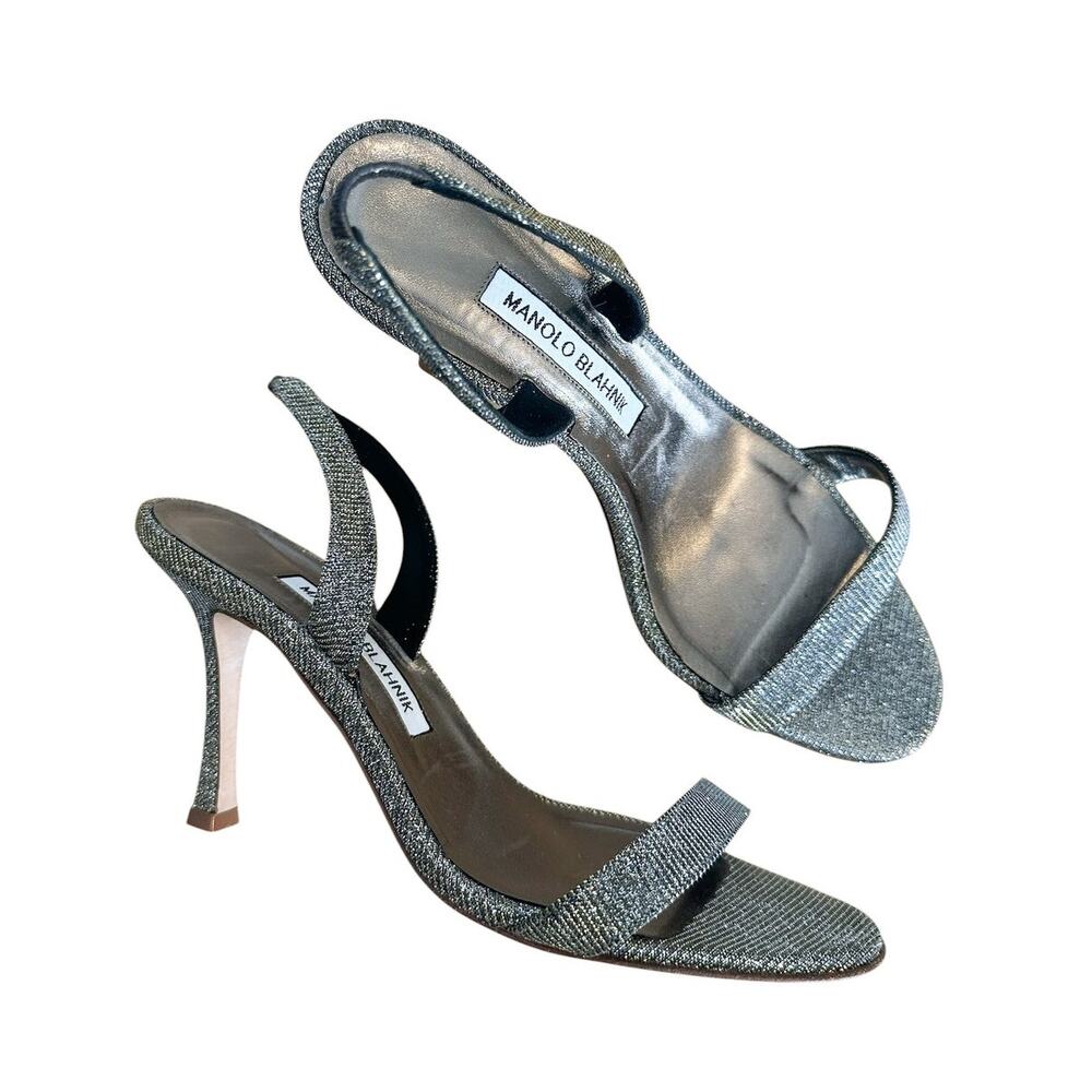 Manolo Blahnik Gold Pewter Metallic Open Toe Slingback High Heel Sandal 38.5